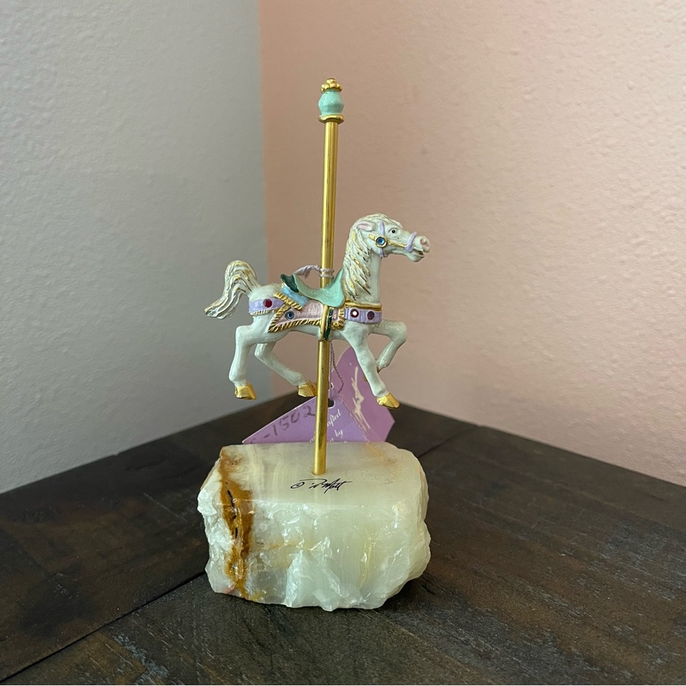 Vintage Signed DeMott Enamel Carousel Horse Figurine Mounted on Onyx_C1502